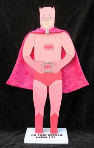 Eric Davis: Pink Batman 2011 acrylic on wood, glitter, button, cloth 21 x 7 x 5 inches